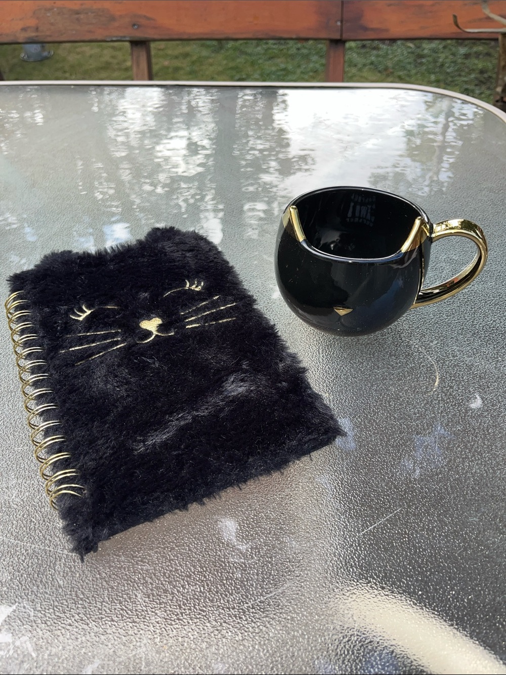 Black & Gold Pinky Up Cat Mug and Fuzzy Cat Spiral Notebook